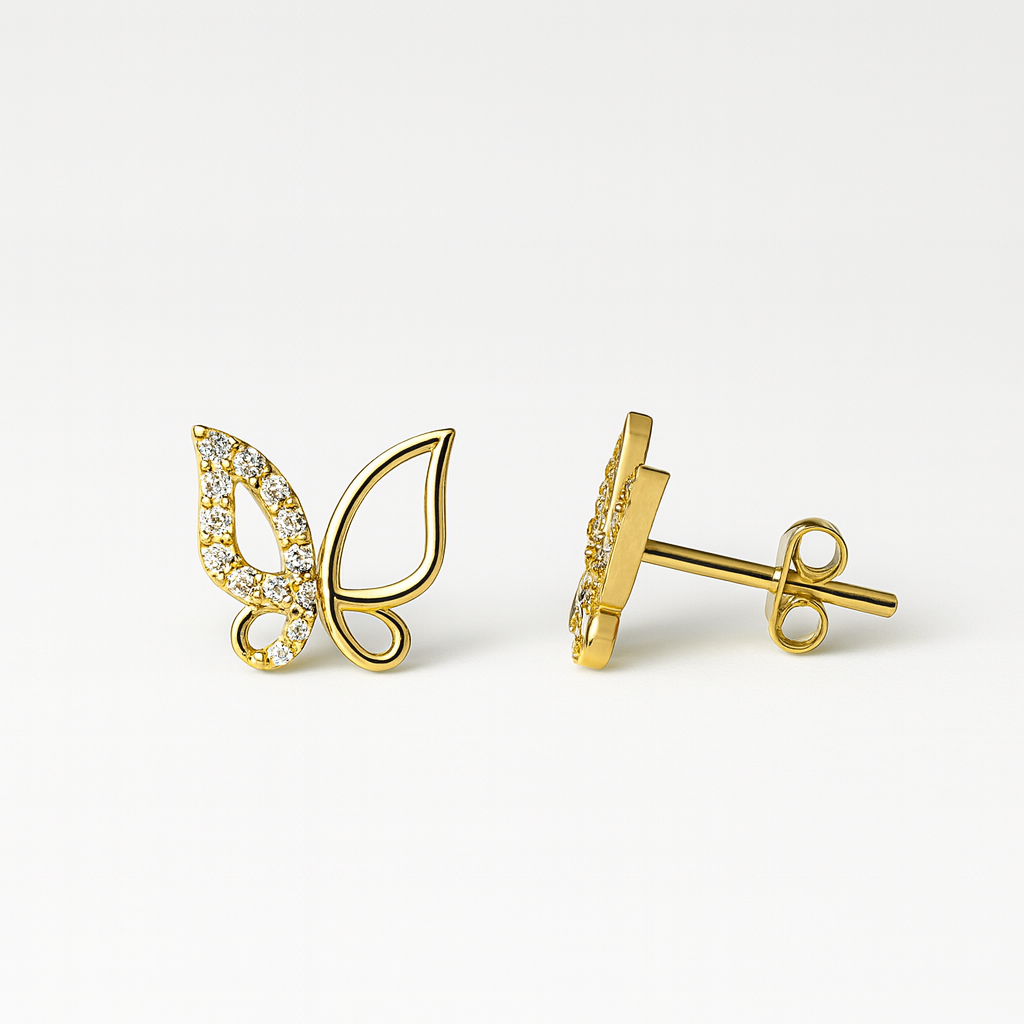 14 Ayar Parlak Sarı Altın Kelebek Küpe Çift (7 mm)